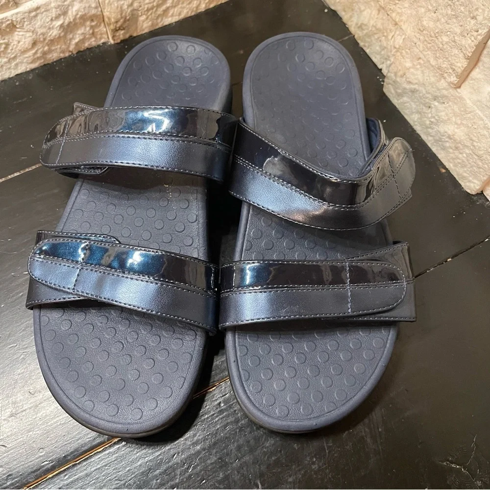 Vionic Shore navy blue double strap slide sandals slides slip ons patent leather - Picture 3 of 6